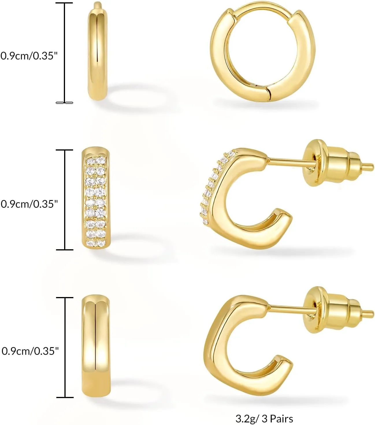KissYan Huggie Earrings Set for Women, 14K Gold Plated 3 Pairs Small Hoop Earrings Multipack Hypoallergenic Cubic Zirconia Lightweight Dainty Trendy Jewelry Gifts