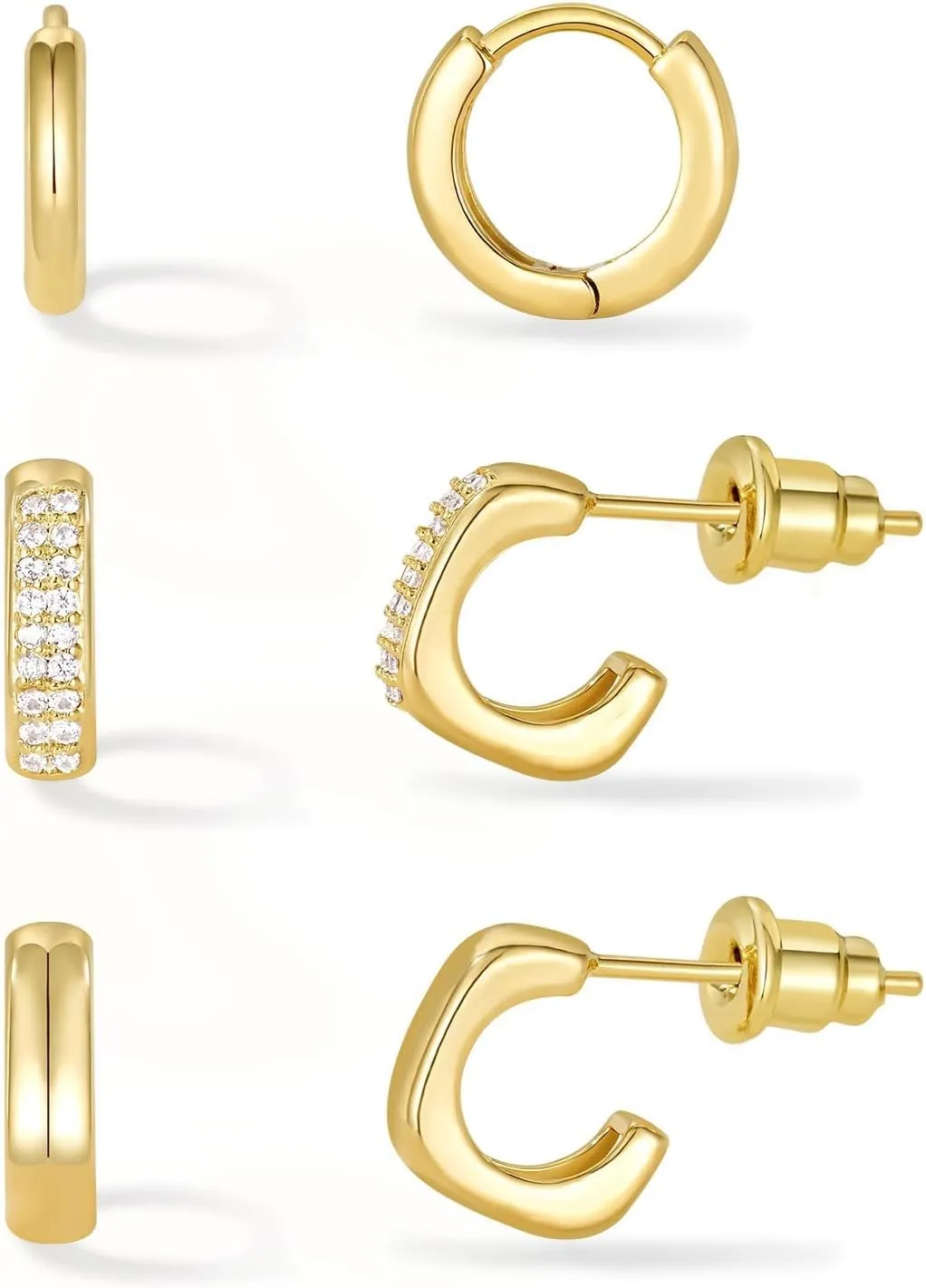 KissYan Huggie Earrings Set for Women, 14K Gold Plated 3 Pairs Small Hoop Earrings Multipack Hypoallergenic Cubic Zirconia Lightweight Dainty Trendy Jewelry Gifts