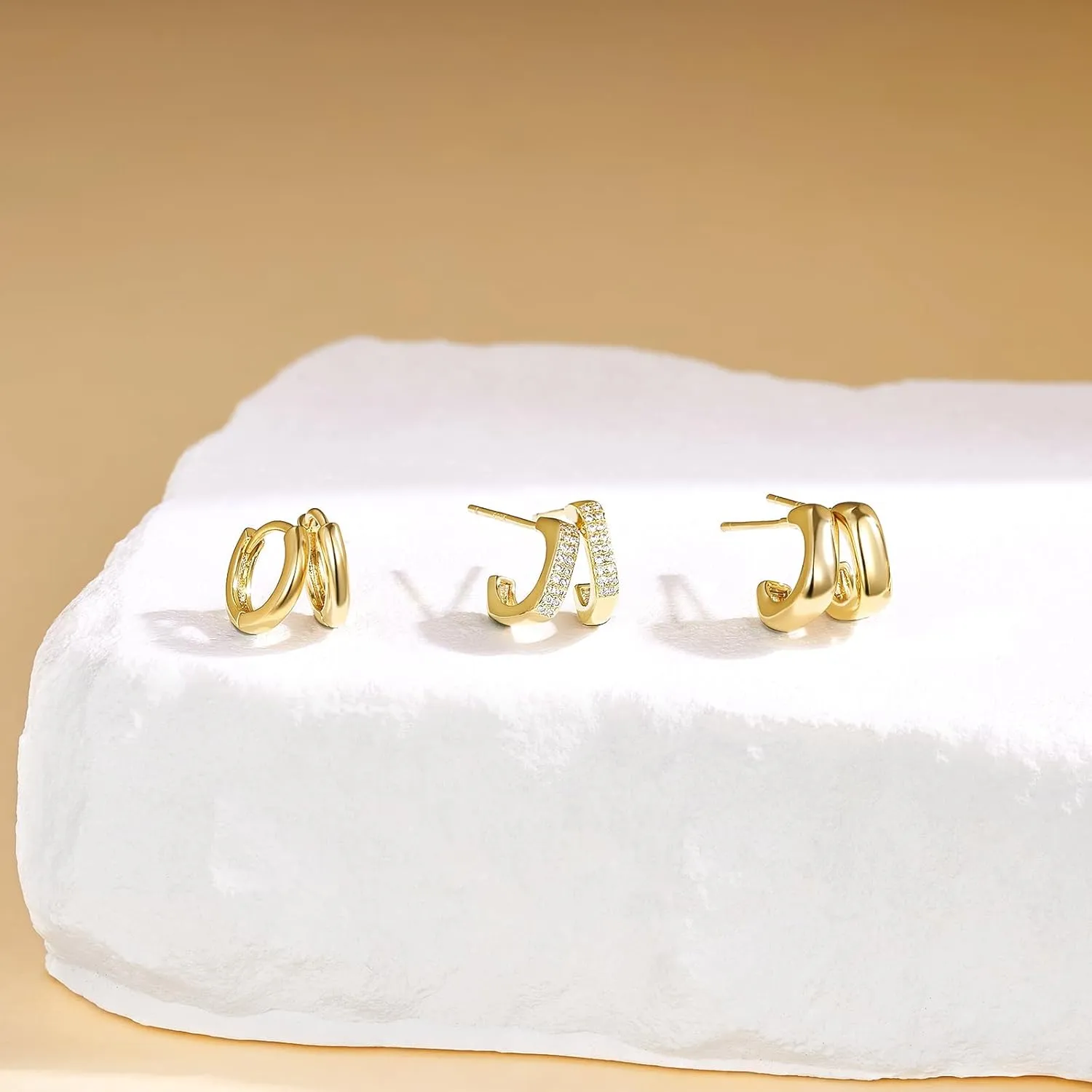 KissYan Huggie Earrings Set for Women, 14K Gold Plated 3 Pairs Small Hoop Earrings Multipack Hypoallergenic Cubic Zirconia Lightweight Dainty Trendy Jewelry Gifts