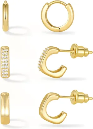 KissYan Huggie Earrings Set for Women, 14K Gold Plated 3 Pairs Small Hoop Earrings Multipack Hypoallergenic Cubic Zirconia Lightweight Dainty Trendy Jewelry Gifts
