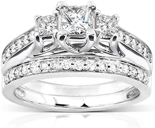 Kobelli Three-Stone Diamond Engagement Ring and Wedding Band Set 4/5 carat (ctw) in 14k White Gold