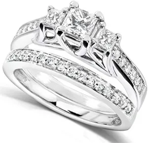 Kobelli Three-Stone Diamond Engagement Ring and Wedding Band Set 4/5 carat (ctw) in 14k White Gold