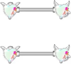 Kokoma 14G Angels and Demons Heart Nipple Rings Stainless Steel Crystal Diamond Love Heart Tongue Ring Nipple Shield Barbell Bar Nipplerings Piercing Body Jewelry for Women