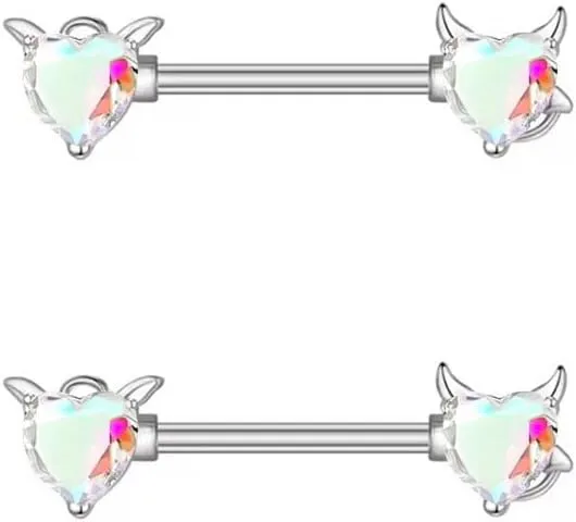 Kokoma 14G Angels and Demons Heart Nipple Rings Stainless Steel Crystal Diamond Love Heart Tongue Ring Nipple Shield Barbell Bar Nipplerings Piercing Body Jewelry for Women