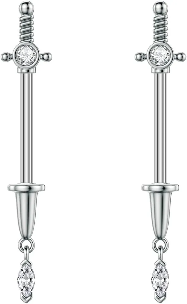 Kokoma 14G Dagger Nipple Rings Cubic Zirconia Cross Nipplerings Piercing Sword Tongue Ring Dangle Drop Nipple Shield Barbell Fashion Body Piercing Jewelry for Women