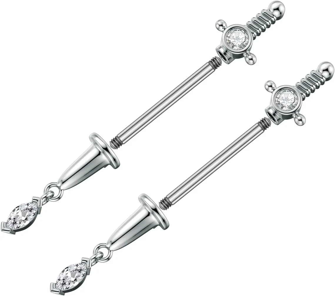 Kokoma 14G Dagger Nipple Rings Cubic Zirconia Cross Nipplerings Piercing Sword Tongue Ring Dangle Drop Nipple Shield Barbell Fashion Body Piercing Jewelry for Women