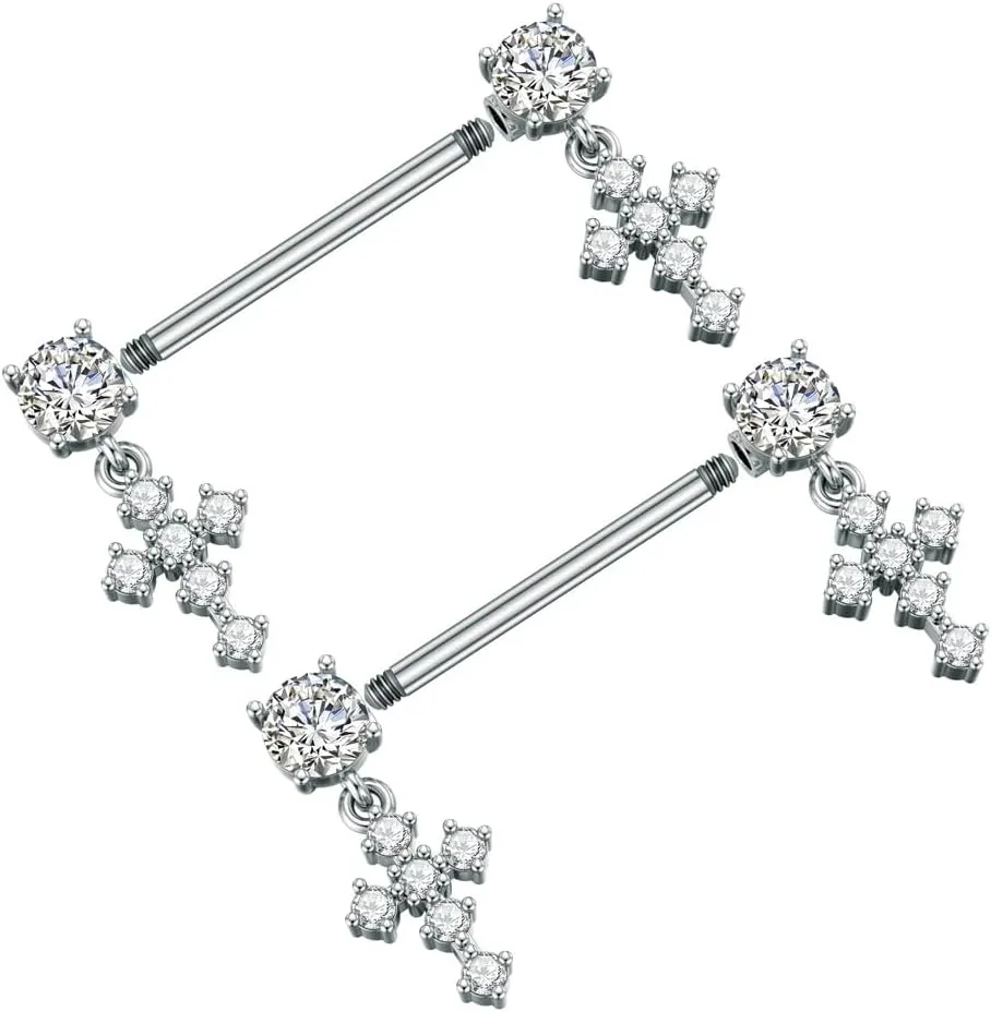 Kokoma 14G Dangle Charm Nipple Rings for Women Rhinestone Cubic Zirconia Dangling Star Moon Nipplerings Straight Bar Cross Drop Nipple Shield Barbell Ring Fashion Body Piercing Jewelry