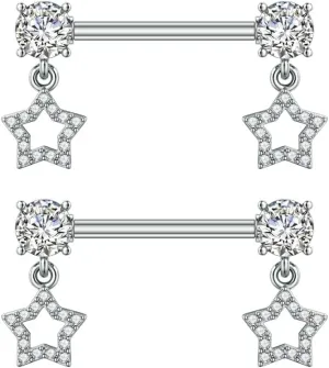 Kokoma 14G Dangle Charm Nipple Rings for Women Rhinestone Cubic Zirconia Dangling Star Moon Nipplerings Straight Bar Cross Drop Nipple Shield Barbell Ring Fashion Body Piercing Jewelry
