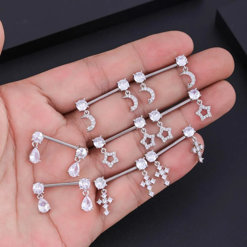 Kokoma 14G Dangle Charm Nipple Rings for Women Rhinestone Cubic Zirconia Dangling Star Moon Nipplerings Straight Bar Cross Drop Nipple Shield Barbell Ring Fashion Body Piercing Jewelry