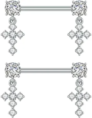 Kokoma 14G Dangle Charm Nipple Rings for Women Rhinestone Cubic Zirconia Dangling Star Moon Nipplerings Straight Bar Cross Drop Nipple Shield Barbell Ring Fashion Body Piercing Jewelry