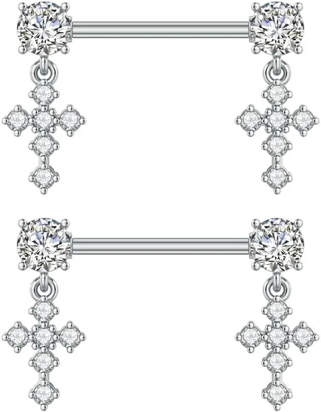 Kokoma 14G Dangle Charm Nipple Rings for Women Rhinestone Cubic Zirconia Dangling Star Moon Nipplerings Straight Bar Cross Drop Nipple Shield Barbell Ring Fashion Body Piercing Jewelry