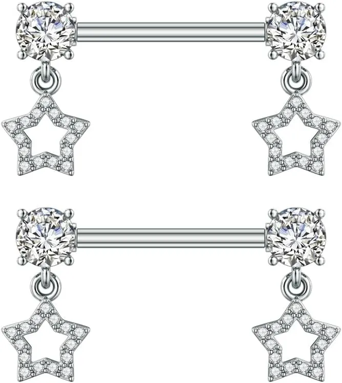 Kokoma 14G Dangle Charm Nipple Rings for Women Rhinestone Cubic Zirconia Dangling Star Moon Nipplerings Straight Bar Cross Drop Nipple Shield Barbell Ring Fashion Body Piercing Jewelry