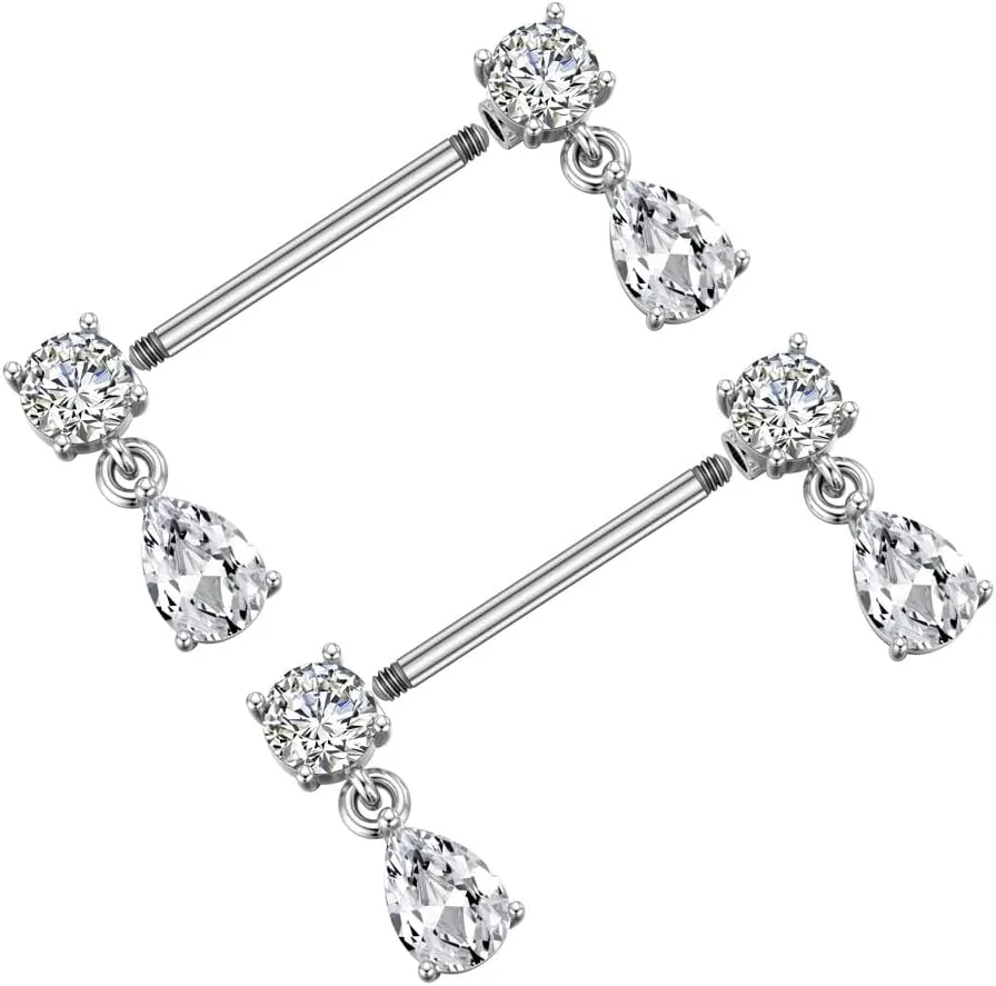 Kokoma 14G Dangle Charm Nipple Rings for Women Rhinestone Cubic Zirconia Dangling Star Moon Nipplerings Straight Bar Cross Drop Nipple Shield Barbell Ring Fashion Body Piercing Jewelry
