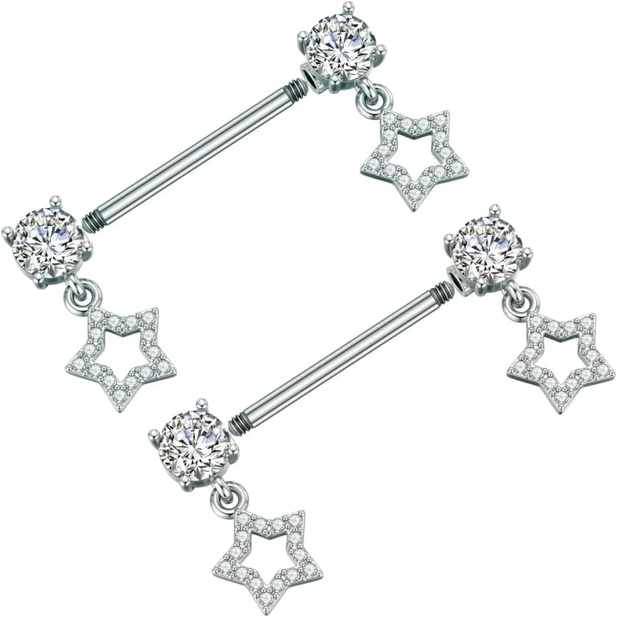 Kokoma 14G Dangle Charm Nipple Rings for Women Rhinestone Cubic Zirconia Dangling Star Moon Nipplerings Straight Bar Cross Drop Nipple Shield Barbell Ring Fashion Body Piercing Jewelry