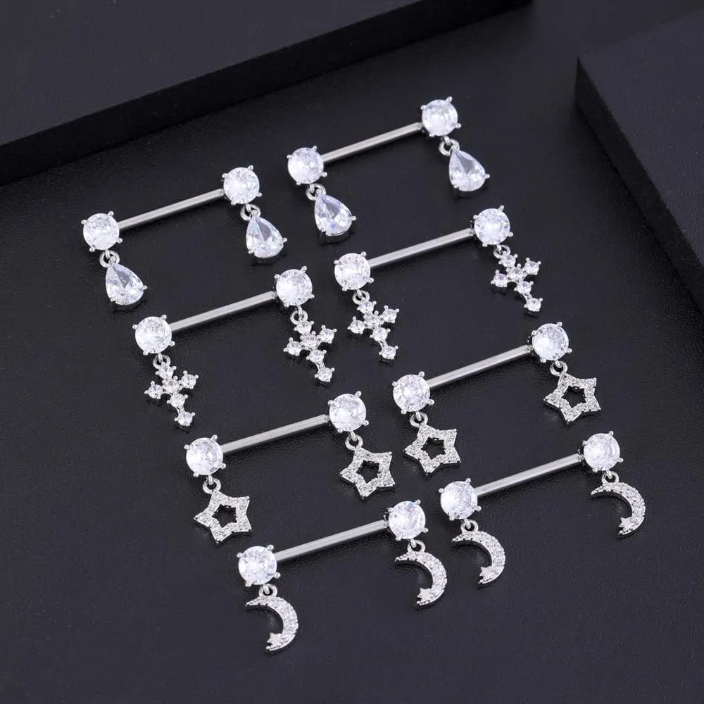 Kokoma 14G Dangle Charm Nipple Rings for Women Rhinestone Cubic Zirconia Dangling Star Moon Nipplerings Straight Bar Cross Drop Nipple Shield Barbell Ring Fashion Body Piercing Jewelry