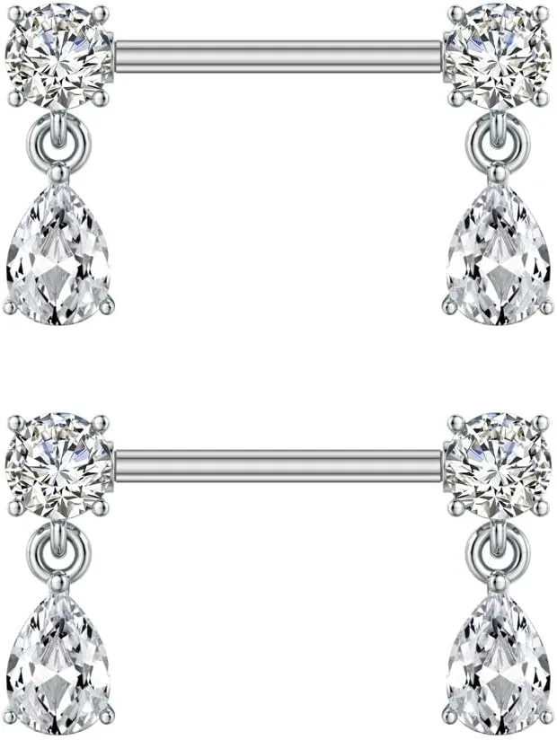 Kokoma 14G Dangle Charm Nipple Rings for Women Rhinestone Cubic Zirconia Dangling Star Moon Nipplerings Straight Bar Cross Drop Nipple Shield Barbell Ring Fashion Body Piercing Jewelry