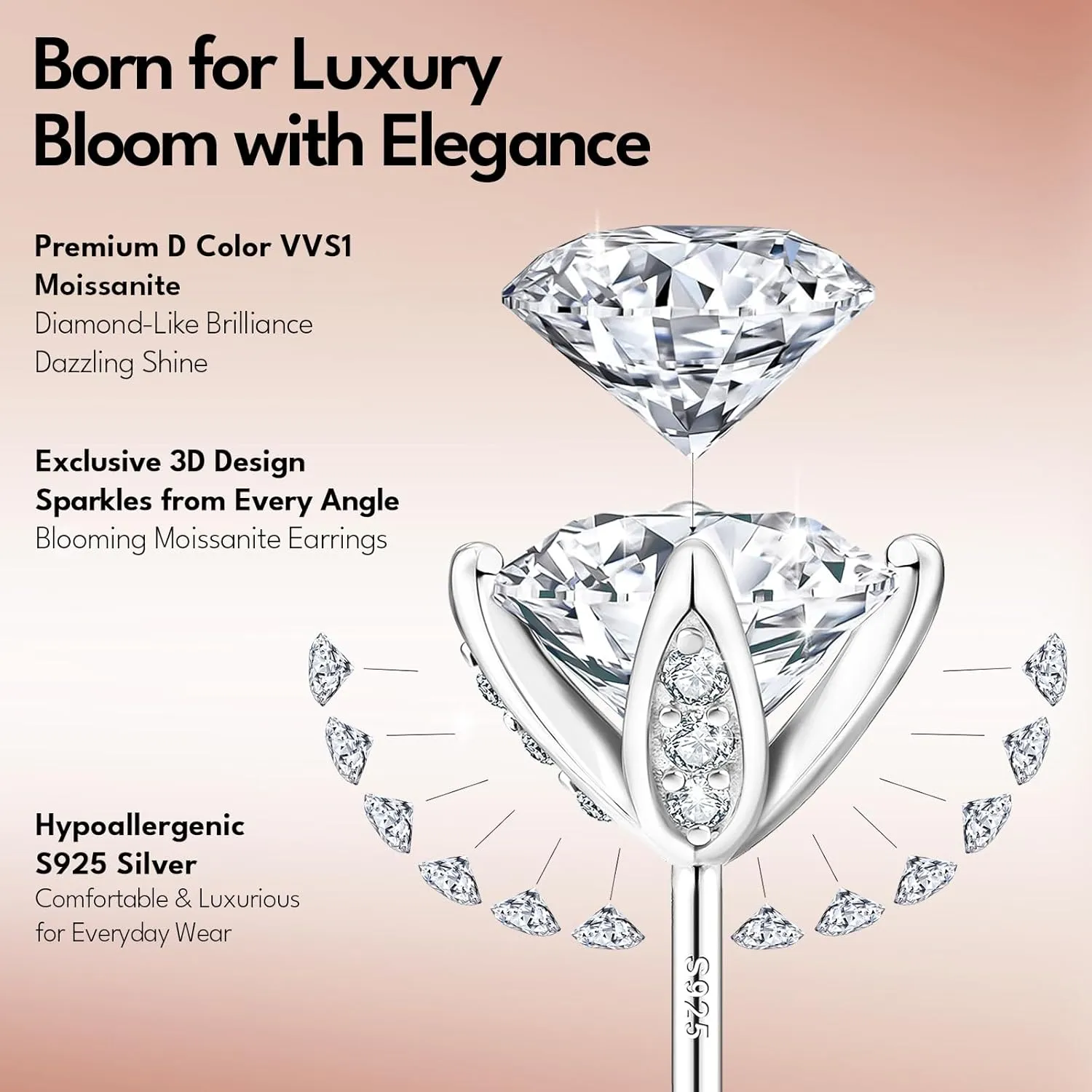 KRKC Moissanite Earrings, Lab Grown Diamond Stud Earrings for Women, 14K Golden Plated Sterling Silver, Bloom Design, 2 Carat D Color VVS1, Hypoallergenic, Gift for Wife, Mom, Her