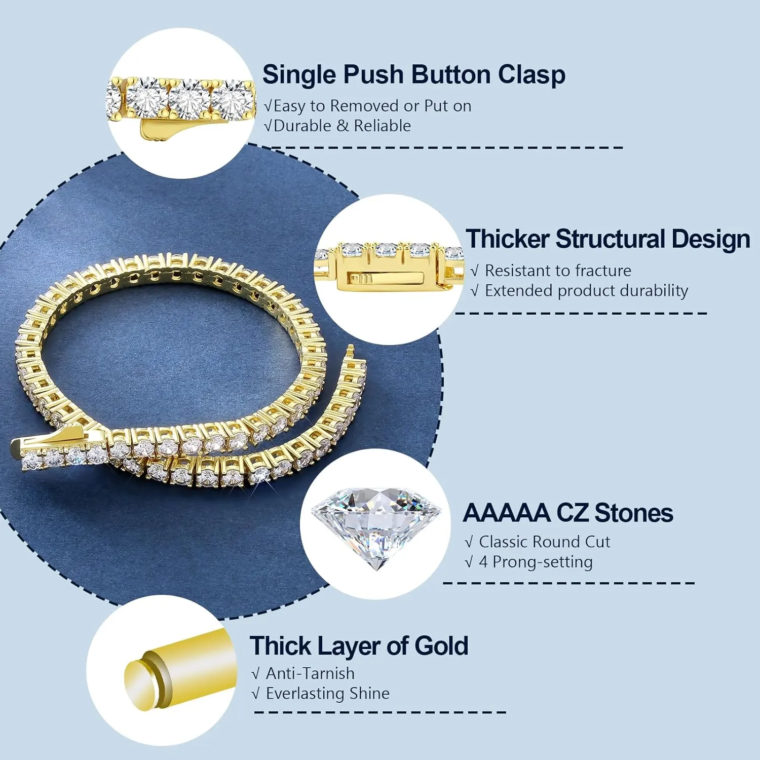 KRKC&CO 3/4mm Tennis Bracelet for Women Men, 14k Gold/White Gold Bracelets, Iced Out 5A Cubic Zirconia Stones, Bridal Wedding Jewelry for Her