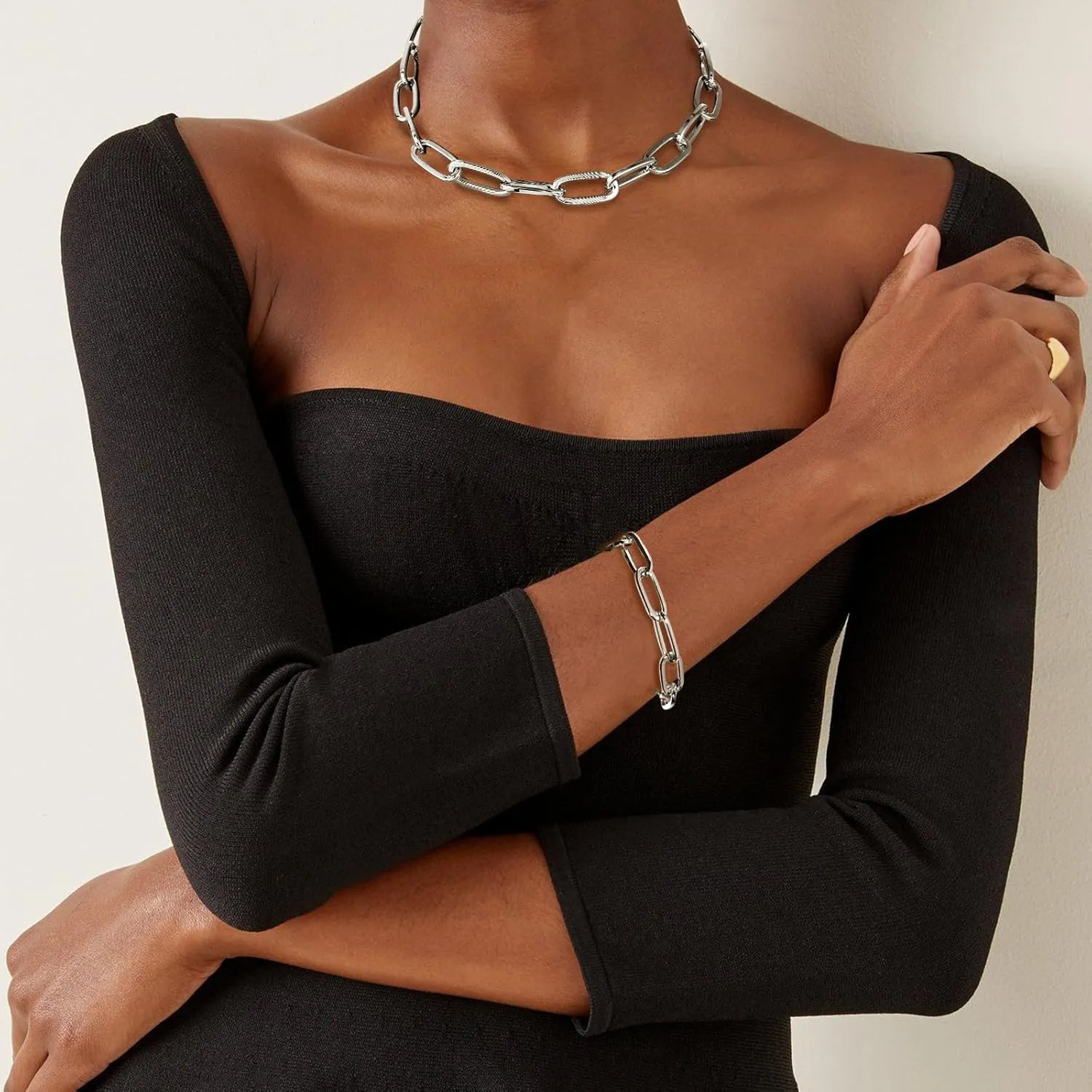LANE WOODS Gold Chain Necklace and Bracelet for Women Ladies Dainty and Chunky Chain Link Paperclip Jewelry Set