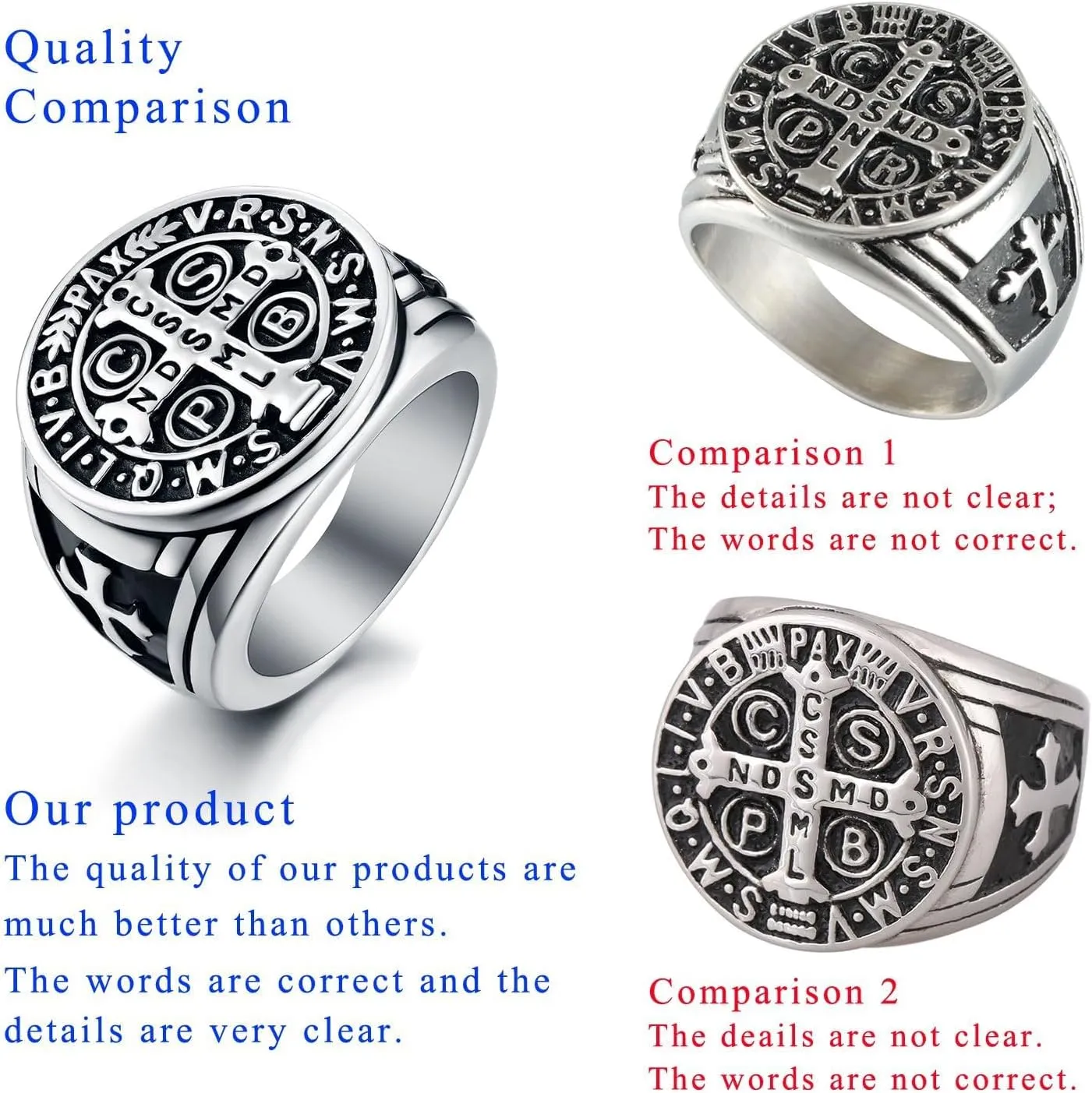 LAOYOU 2Pcs Saint Benedict Pack St. Benedict Ring and Medal Necklace for Men Stainless Steel Ghost Hunter Christian Catholic Protection Amulet Jewelry Gift for Men Black/Silver