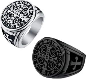LAOYOU 2Pcs Saint Benedict Pack St. Benedict Ring and Medal Necklace for Men Stainless Steel Ghost Hunter Christian Catholic Protection Amulet Jewelry Gift for Men Black/Silver