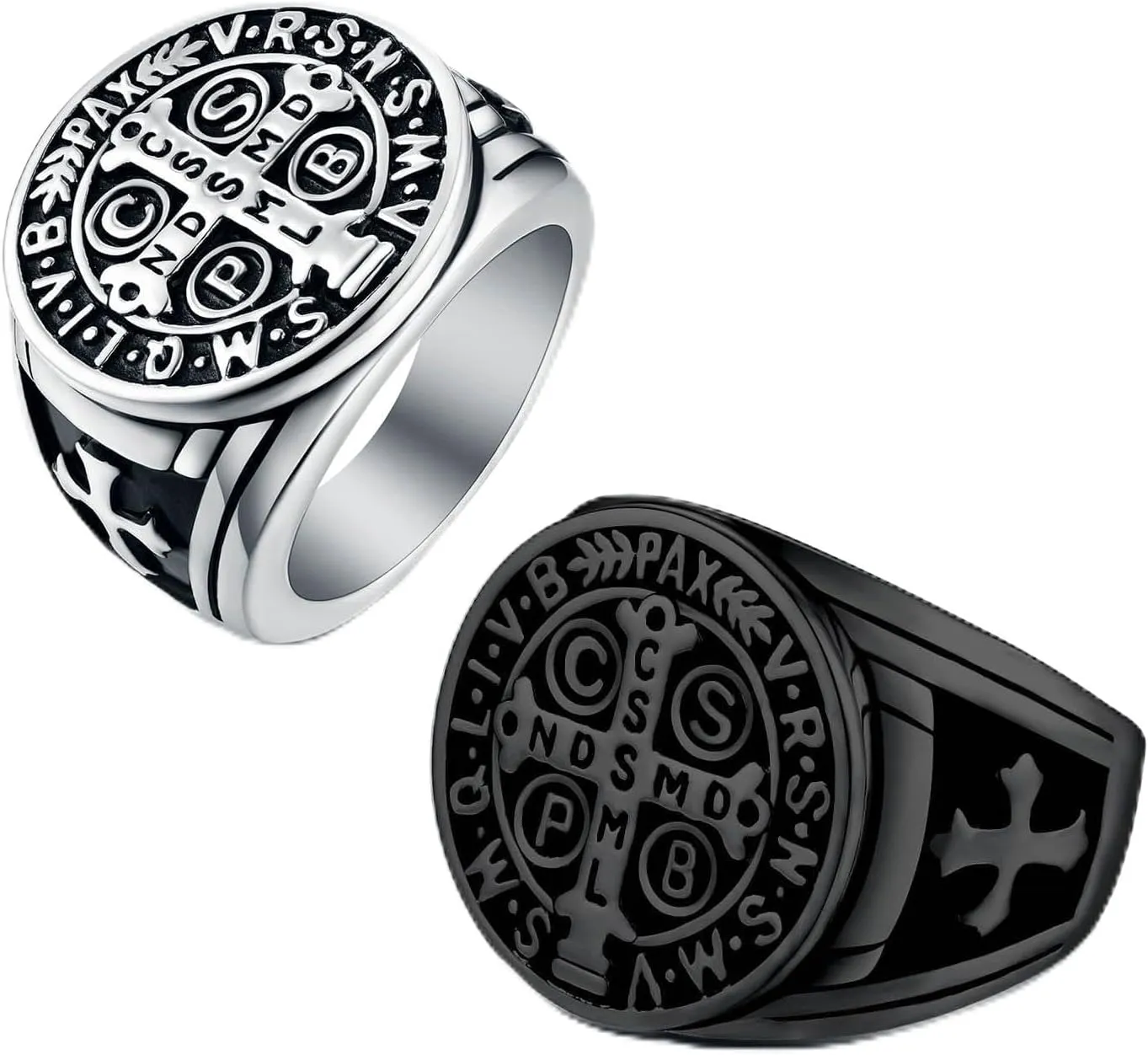 LAOYOU 2Pcs Saint Benedict Pack St. Benedict Ring and Medal Necklace for Men Stainless Steel Ghost Hunter Christian Catholic Protection Amulet Jewelry Gift for Men Black/Silver
