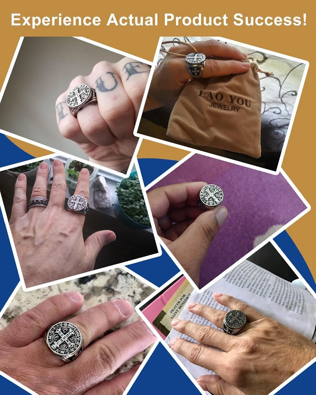 LAOYOU 2Pcs Saint Benedict Pack St. Benedict Ring and Medal Necklace for Men Stainless Steel Ghost Hunter Christian Catholic Protection Amulet Jewelry Gift for Men Black/Silver