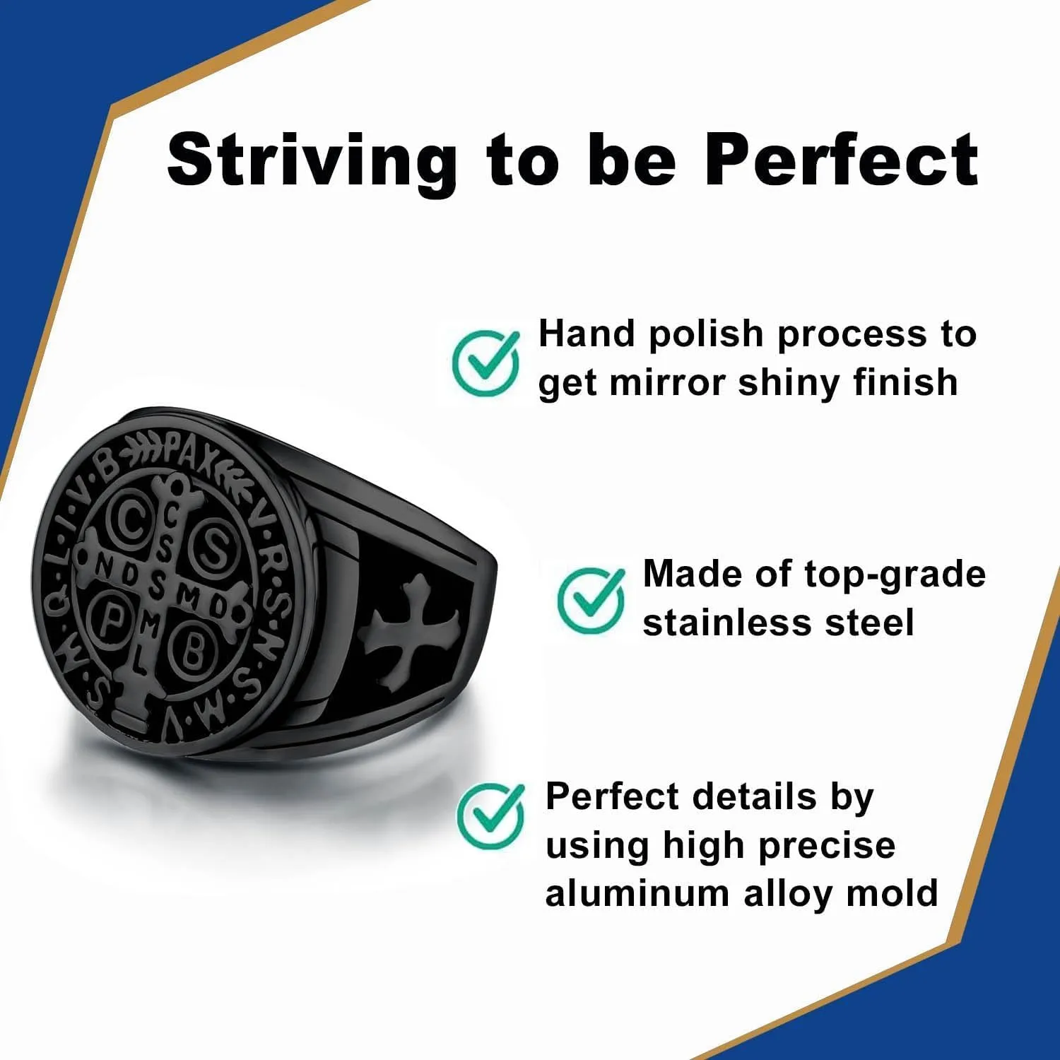 LAOYOU 2Pcs Saint Benedict Pack St. Benedict Ring and Medal Necklace for Men Stainless Steel Ghost Hunter Christian Catholic Protection Amulet Jewelry Gift for Men Black/Silver