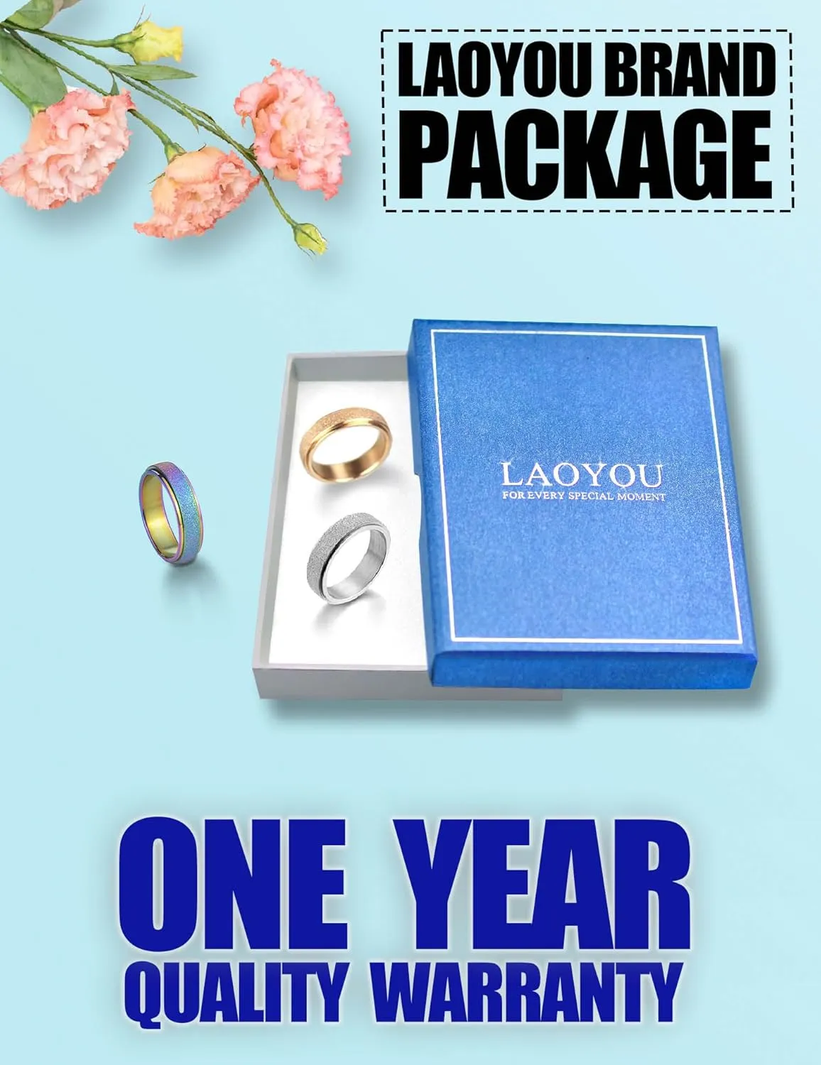 LAOYOU Anxiety Fidget Relief Spinner Ring for Women | 6MM Stainless Steel Glitter Worry Stress Relieve Ring Band Set for Men ladies 5 Tones Availble