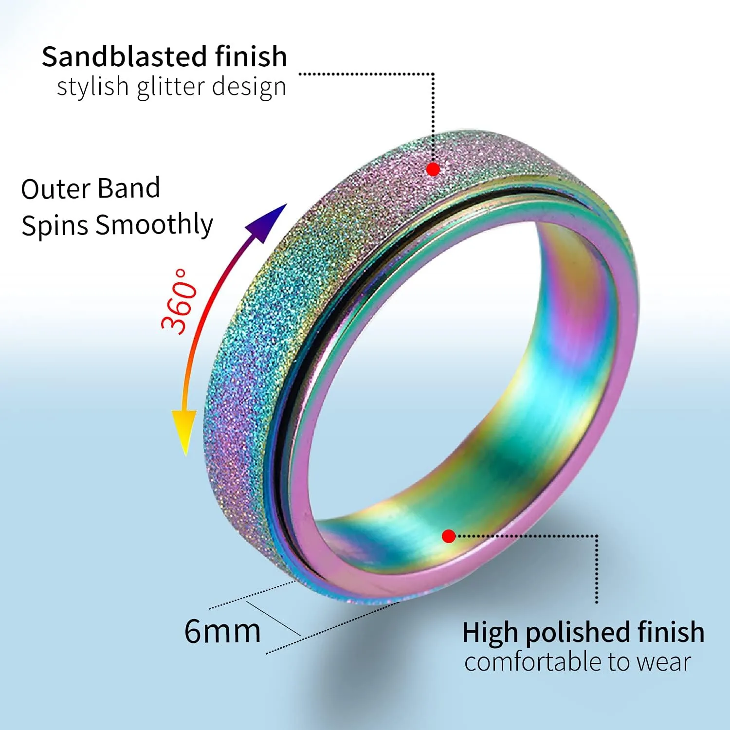 LAOYOU Anxiety Fidget Relief Spinner Ring for Women | 6MM Stainless Steel Glitter Worry Stress Relieve Ring Band Set for Men ladies 5 Tones Availble