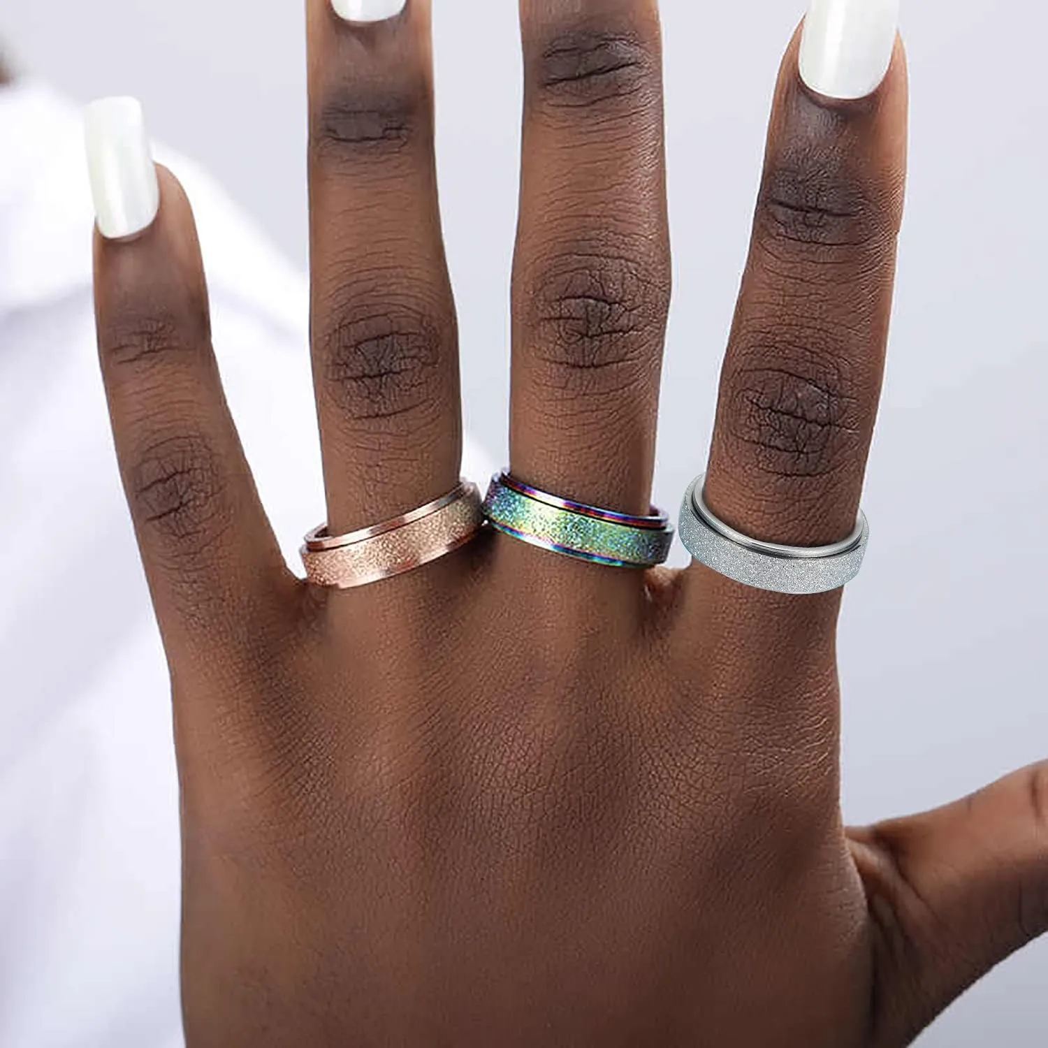 LAOYOU Anxiety Fidget Relief Spinner Ring for Women | 6MM Stainless Steel Glitter Worry Stress Relieve Ring Band Set for Men ladies 5 Tones Availble