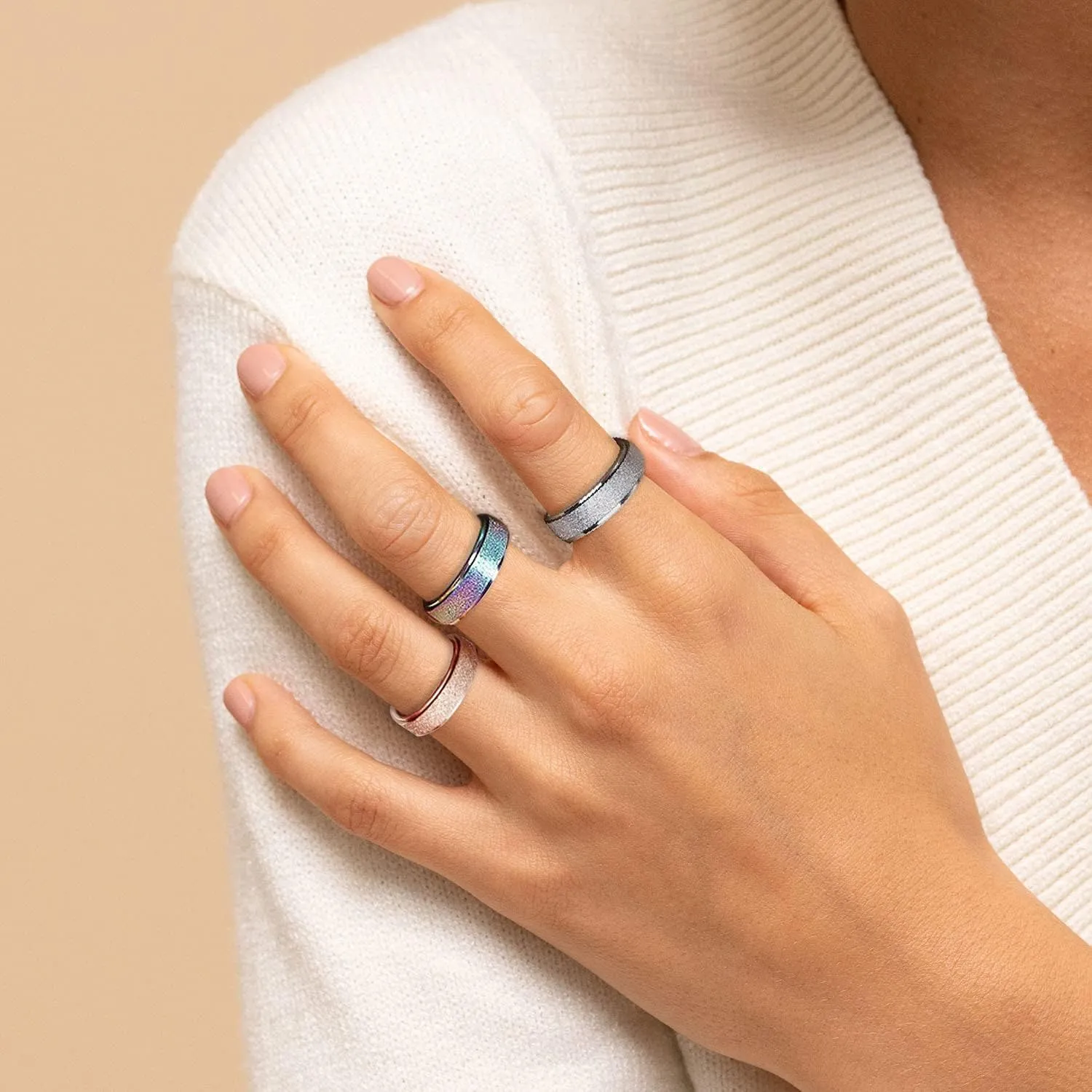 LAOYOU Anxiety Fidget Relief Spinner Ring for Women | 6MM Stainless Steel Glitter Worry Stress Relieve Ring Band Set for Men ladies 5 Tones Availble