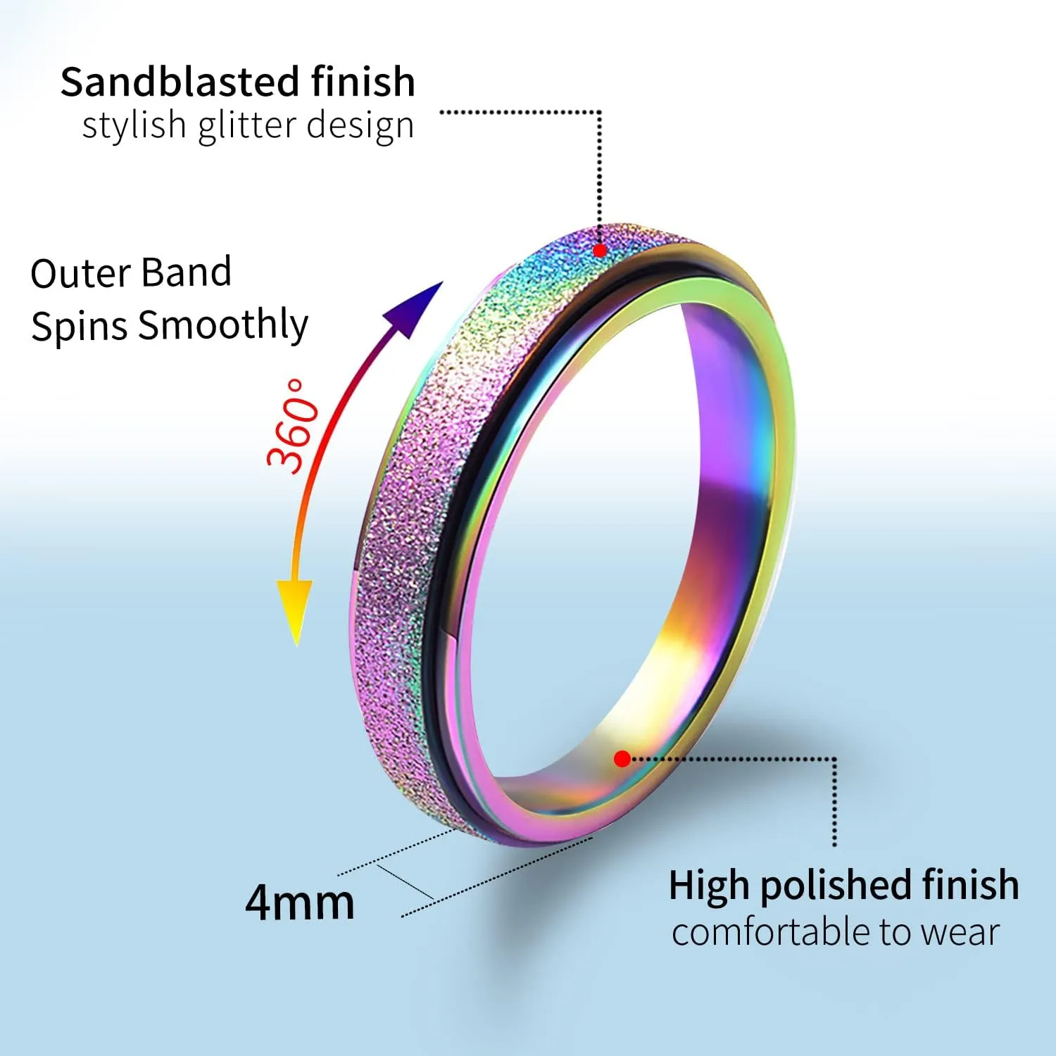 LAOYOU Fidget Anxiety Relief Spinner Ring for Women and Teen | 2mm /4mm Stainless Steel Glitter Rose Gold Silver Rainbow Color Stress Fidget Ring Band Set Birthday Gift for Mom Daughter