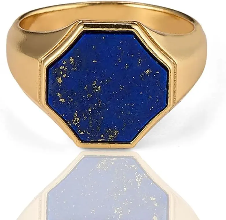 Lapis Lazuli Ring for Men 14K Gold Vermeil Blue Gemstone Band Men Chunky Gold Ring Lapis Lazuli Jewelry, Blue Lapis Signet Rings Gift for Him