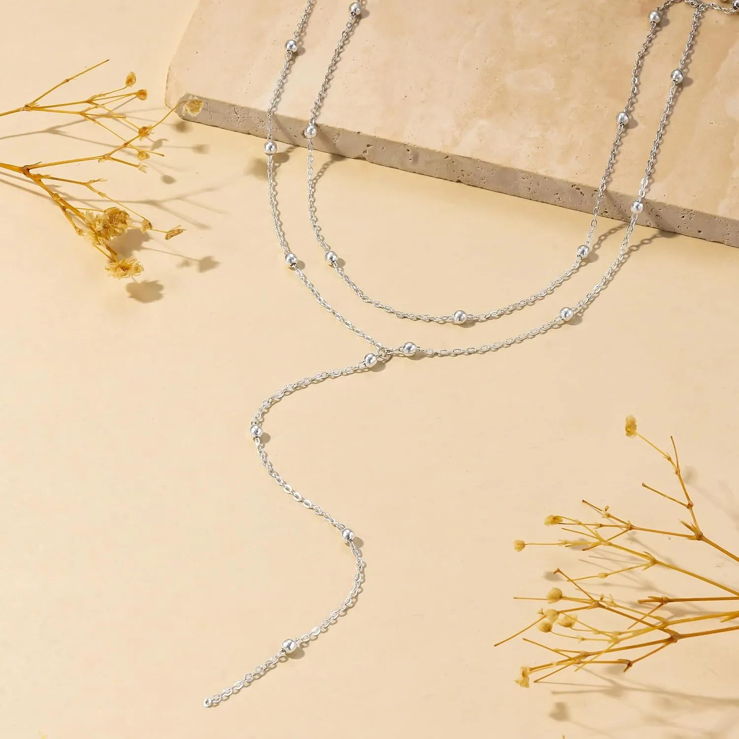 Lariat Gold Necklace for Women, Dainty Long Necklace 14K Gold Plated/Silver Y-Shaped Pendant Necklace Trendy, Beaded Chain Bar Infinity Cross Star Drop Necklaces Simple Jewelry For Women