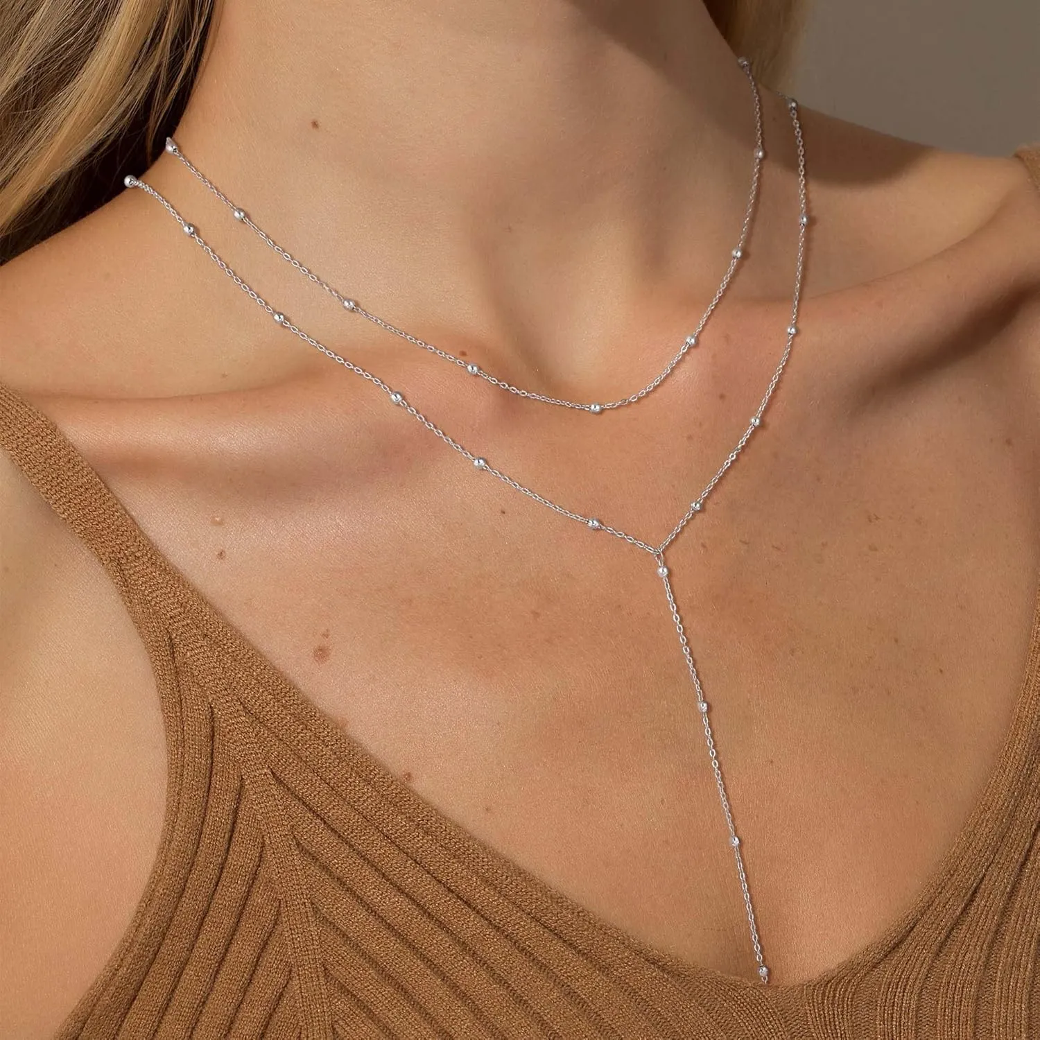 Lariat Gold Necklace for Women, Dainty Long Necklace 14K Gold Plated/Silver Y-Shaped Pendant Necklace Trendy, Beaded Chain Bar Infinity Cross Star Drop Necklaces Simple Jewelry For Women
