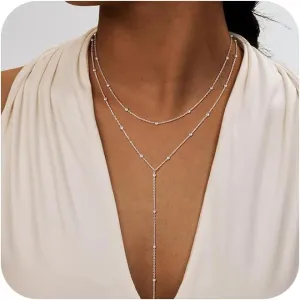 Lariat Gold Necklace for Women, Dainty Long Necklace 14K Gold Plated/Silver Y-Shaped Pendant Necklace Trendy, Beaded Chain Bar Infinity Cross Star Drop Necklaces Simple Jewelry For Women
