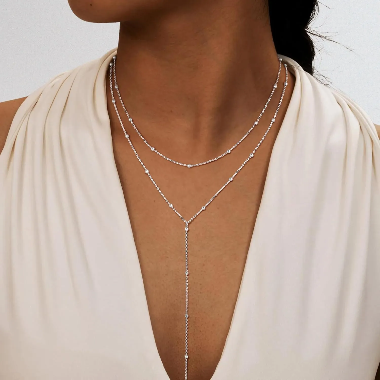 Lariat Gold Necklace for Women, Dainty Long Necklace 14K Gold Plated/Silver Y-Shaped Pendant Necklace Trendy, Beaded Chain Bar Infinity Cross Star Drop Necklaces Simple Jewelry For Women