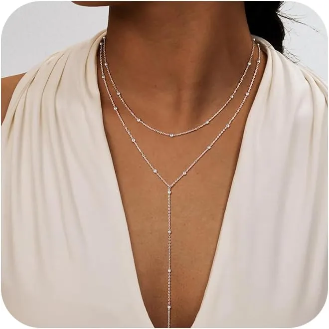 Lariat Gold Necklace for Women, Dainty Long Necklace 14K Gold Plated/Silver Y-Shaped Pendant Necklace Trendy, Beaded Chain Bar Infinity Cross Star Drop Necklaces Simple Jewelry For Women
