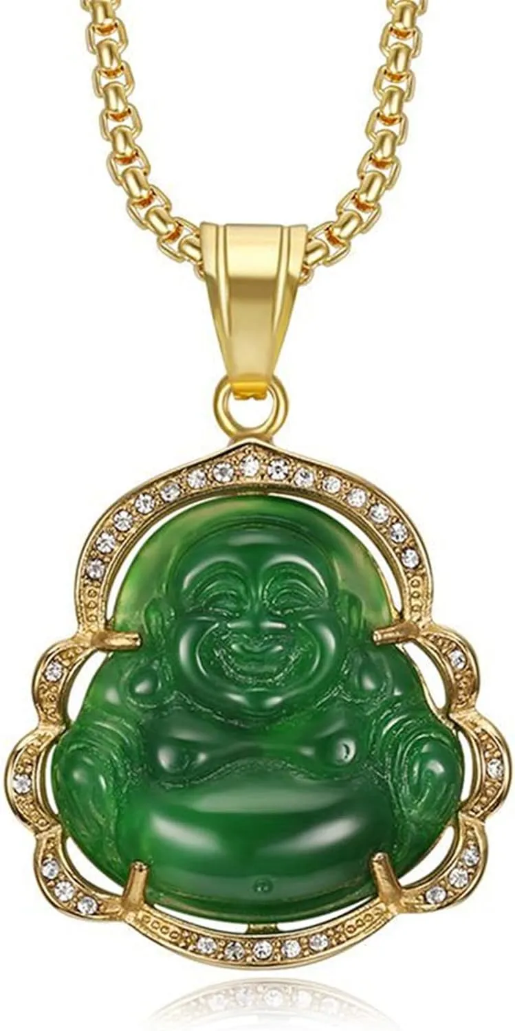 Laughing Buddha Necklace, Lucky Budda Necklace Jade Buddha Necklace Cubic-Zirconia Green Buddha Necklace Buddah Necklaces for Women Buddha Jewelry Good Luck