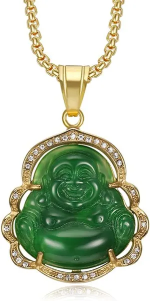 Laughing Buddha Necklace, Lucky Budda Necklace Jade Buddha Necklace Cubic-Zirconia Green Buddha Necklace Buddah Necklaces for Women Buddha Jewelry Good Luck