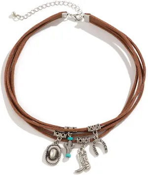 Layered Boho Western Choker Necklace for Women Turquoise Trendy Leather Cowboy Boot Hat Pendant Necklace Silver Necklace Jewelry Gift