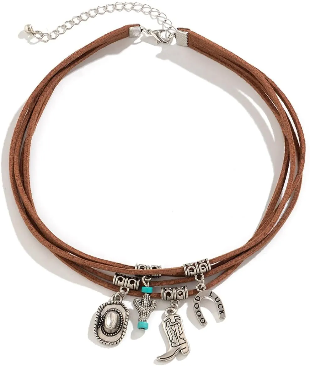 Layered Boho Western Choker Necklace for Women Turquoise Trendy Leather Cowboy Boot Hat Pendant Necklace Silver Necklace Jewelry Gift