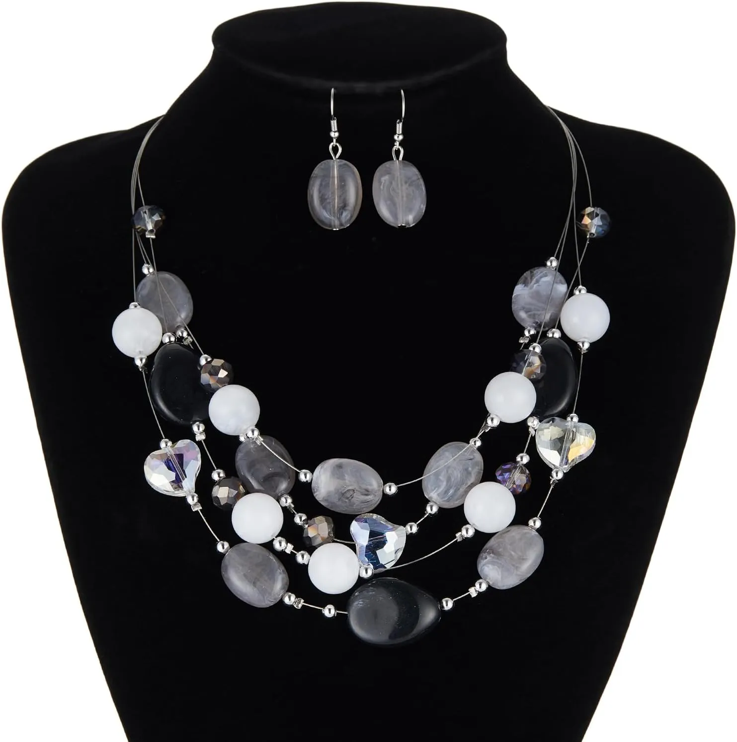 Layered Chunky Beaded Necklace for Women Colorful Multi-Layer Statement Necklace and Earrings Set Gift for Her
