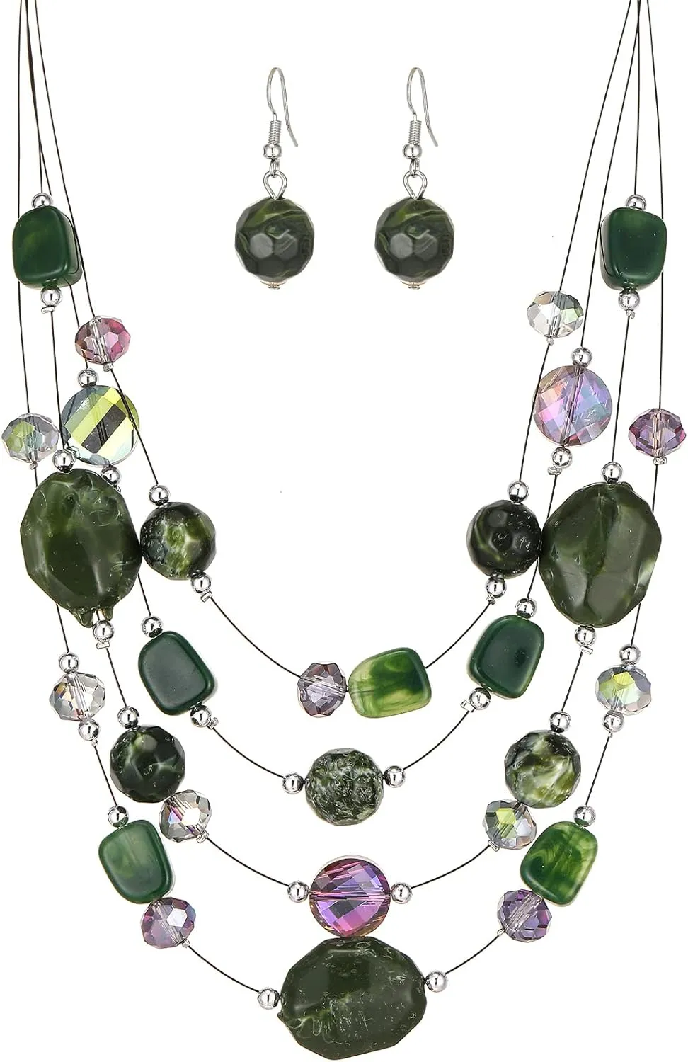 Layered Chunky Beaded Necklace for Women Colorful Multi-Layer Statement Necklace and Earrings Set Gift for Her