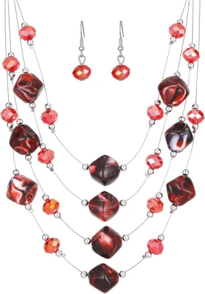 Layered Chunky Beaded Necklace for Women Colorful Multi-Layer Statement Necklace and Earrings Set Gift for Her