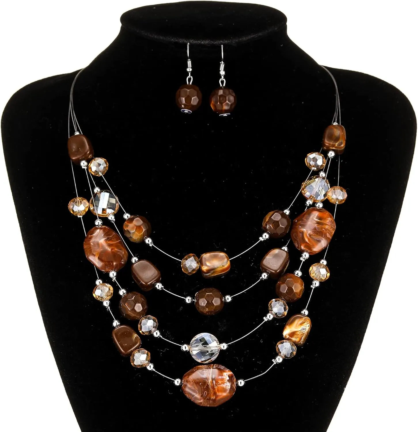 Layered Chunky Beaded Necklace for Women Colorful Multi-Layer Statement Necklace and Earrings Set Gift for Her