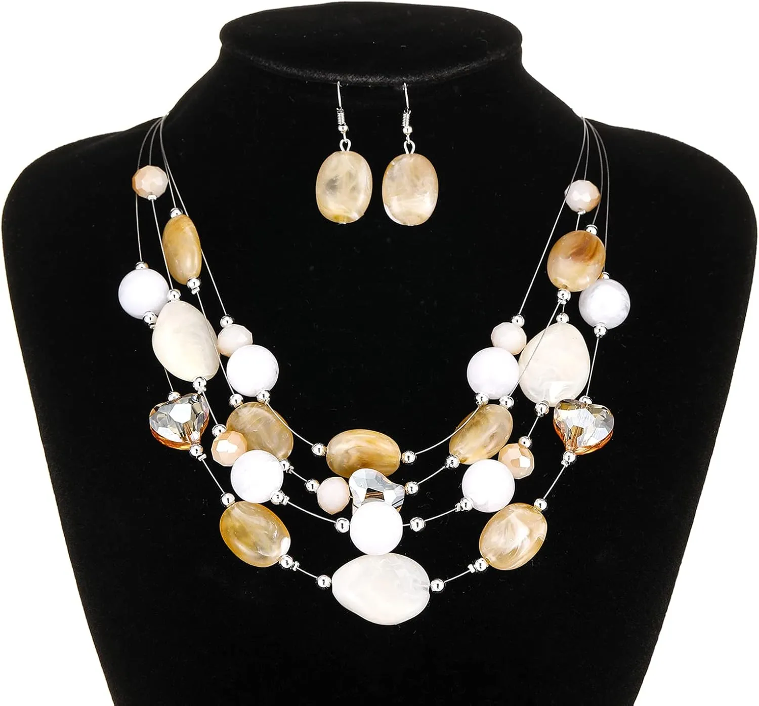 Layered Chunky Beaded Necklace for Women Colorful Multi-Layer Statement Necklace and Earrings Set Gift for Her