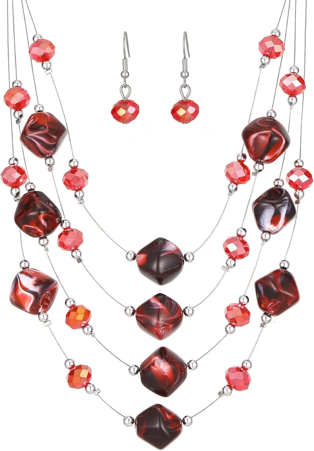 Layered Chunky Beaded Necklace for Women Colorful Multi-Layer Statement Necklace and Earrings Set Gift for Her