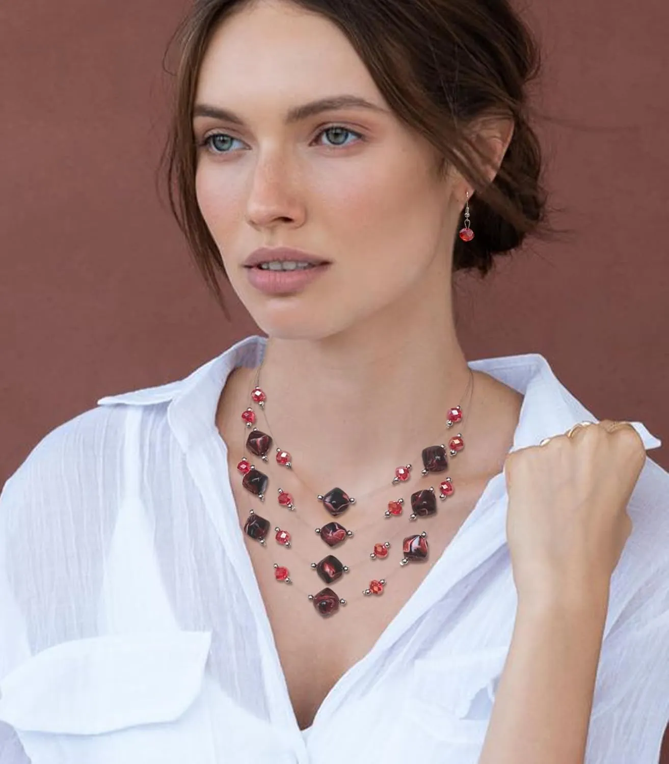 Layered Chunky Beaded Necklace for Women Colorful Multi-Layer Statement Necklace and Earrings Set Gift for Her